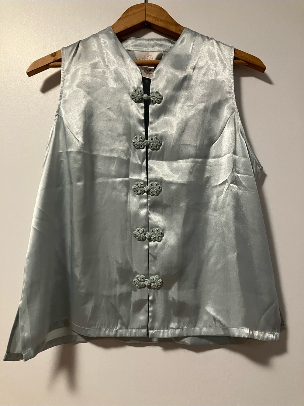 Vintage Silver Light Blue/Green Satin Mandarin-Collar Sleeveless Chemise